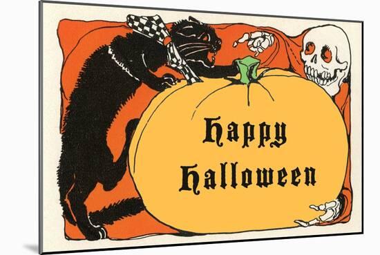 Happy Halloween, Cat, Skeleton-null-Mounted Art Print