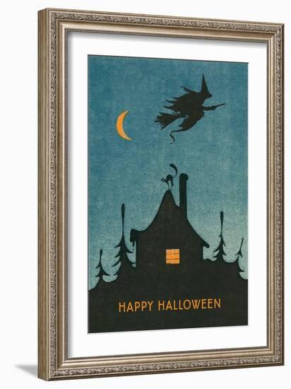 Happy Halloween, Witch Flying over House-null-Framed Art Print