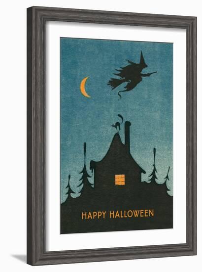 Happy Halloween, Witch Flying over House-null-Framed Art Print