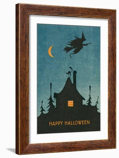 Happy Halloween, Witch Flying over House-null-Framed Art Print