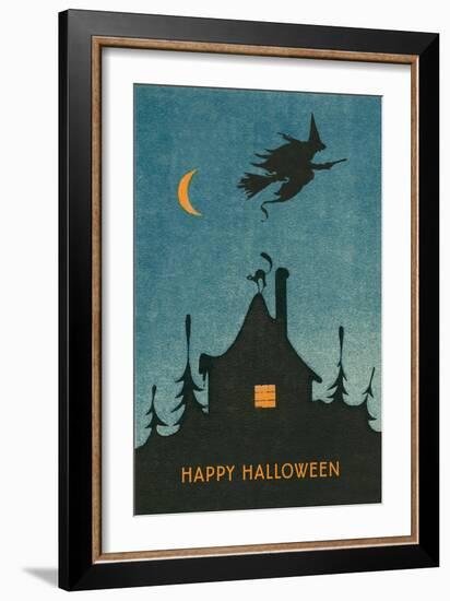 Happy Halloween, Witch Flying over House-null-Framed Art Print