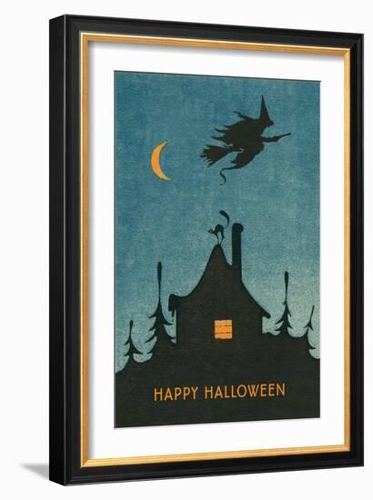 Happy Halloween, Witch Flying over House-null-Framed Art Print