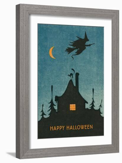 Happy Halloween, Witch Flying over House-null-Framed Art Print