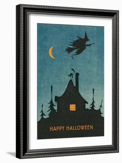 Happy Halloween, Witch Flying over House-null-Framed Art Print