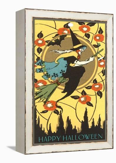 Happy Halloween, Witch on Broom-null-Framed Stretched Canvas