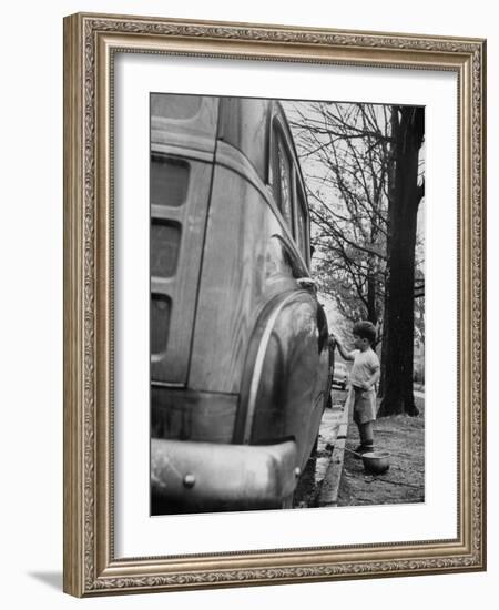 Happy Little Boy Assisting with Washing the Car-Gordon Parks-Framed Photographic Print