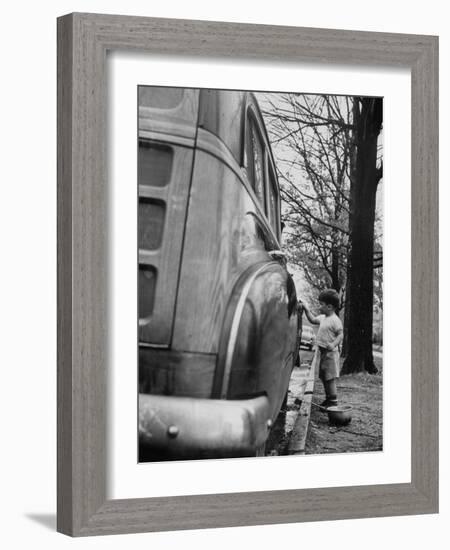 Happy Little Boy Assisting with Washing the Car-Gordon Parks-Framed Photographic Print