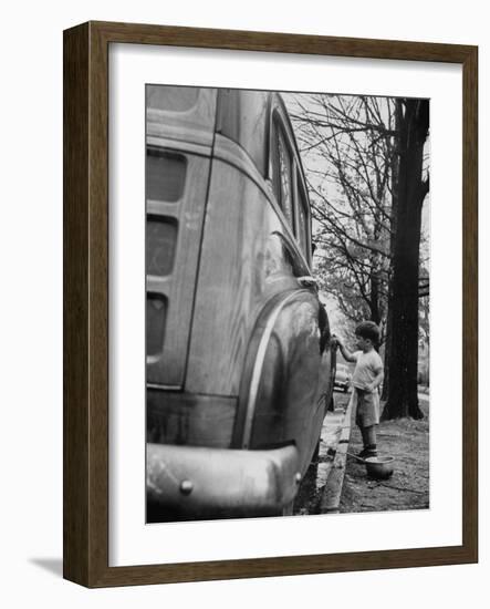 Happy Little Boy Assisting with Washing the Car-Gordon Parks-Framed Photographic Print