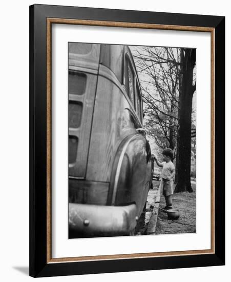 Happy Little Boy Assisting with Washing the Car-Gordon Parks-Framed Photographic Print