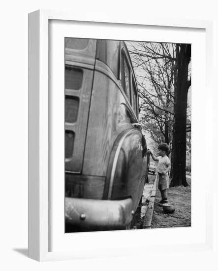 Happy Little Boy Assisting with Washing the Car-Gordon Parks-Framed Photographic Print