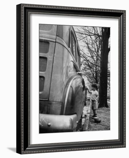 Happy Little Boy Assisting with Washing the Car-Gordon Parks-Framed Photographic Print