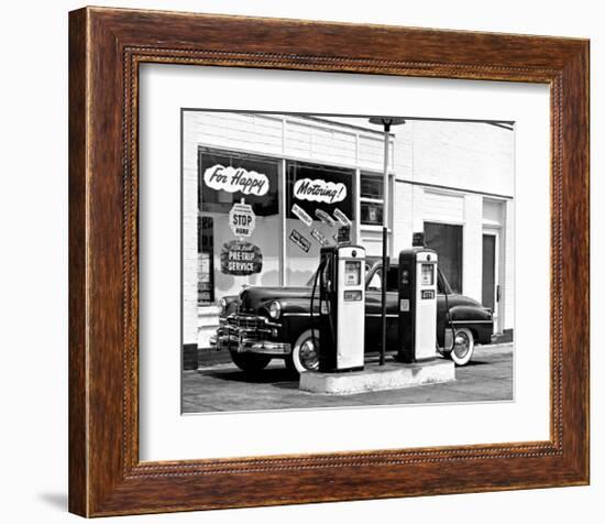 Happy Motoring Gas Station-null-Framed Giclee Print