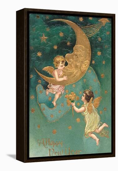 Happy New Year, Cherubs at Moon-null-Framed Stretched Canvas