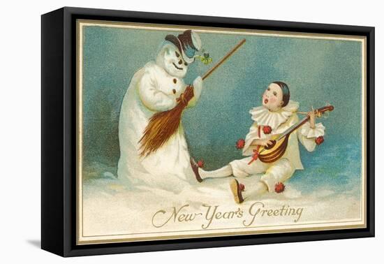 Happy New Year, Clown and Snowman-null-Framed Stretched Canvas