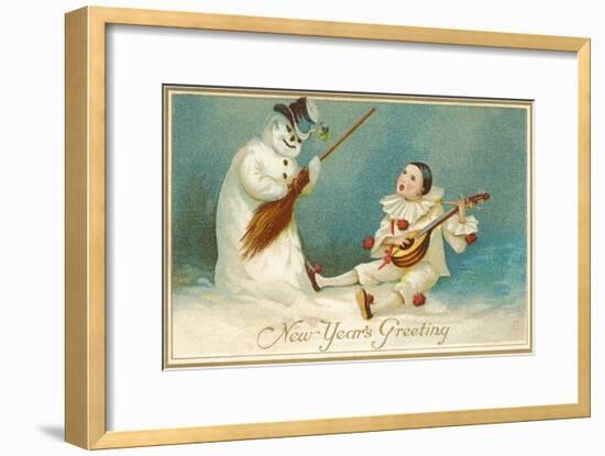 Happy New Year, Clown and Snowman-null-Framed Art Print