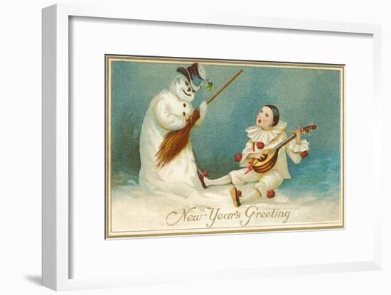 Happy New Year, Clown and Snowman-null-Framed Art Print