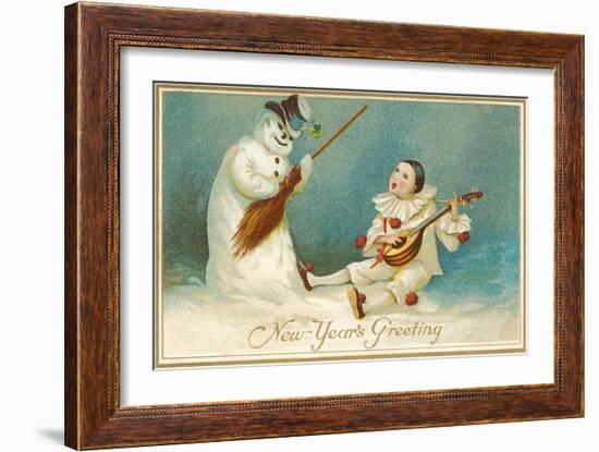 Happy New Year, Clown and Snowman-null-Framed Art Print