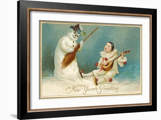 Happy New Year, Clown and Snowman-null-Framed Art Print