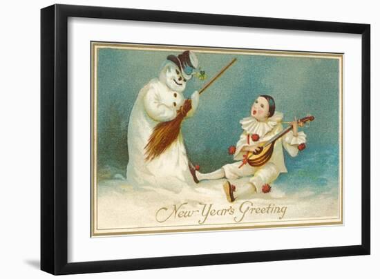 Happy New Year, Clown and Snowman-null-Framed Art Print