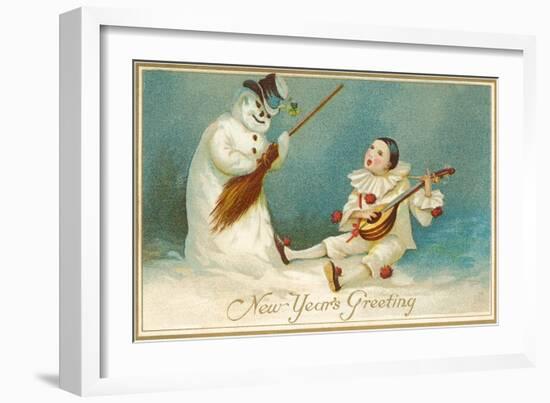 Happy New Year, Clown and Snowman-null-Framed Art Print