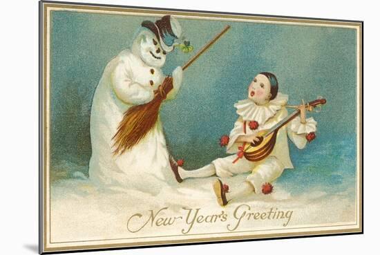 Happy New Year, Clown and Snowman-null-Mounted Art Print