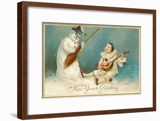 Happy New Year, Clown and Snowman-null-Framed Art Print