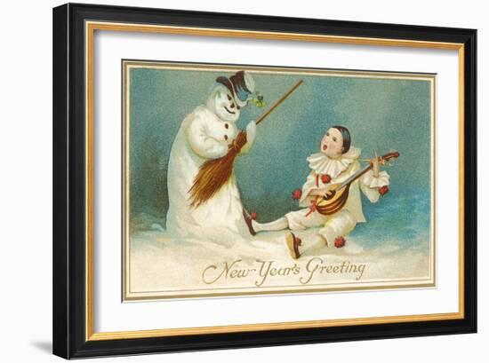 Happy New Year, Clown and Snowman-null-Framed Art Print