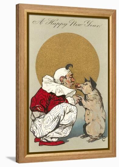 Happy New Year, Clown Kissing Pig-null-Framed Stretched Canvas