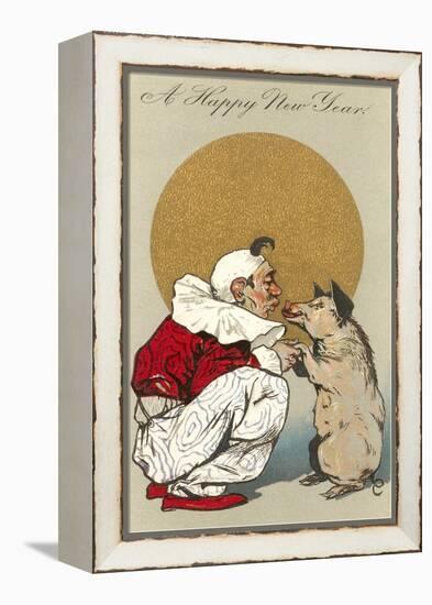 Happy New Year, Clown Kissing Pig-null-Framed Stretched Canvas