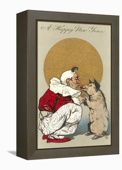 Happy New Year, Clown Kissing Pig-null-Framed Stretched Canvas