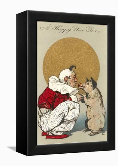 Happy New Year, Clown Kissing Pig-null-Framed Stretched Canvas