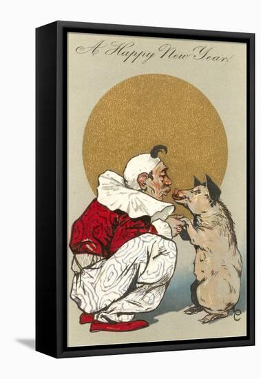 Happy New Year, Clown Kissing Pig-null-Framed Stretched Canvas