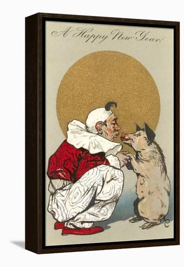 Happy New Year, Clown Kissing Pig-null-Framed Stretched Canvas