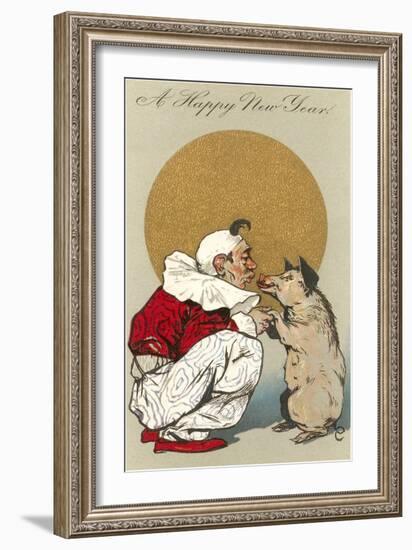 Happy New Year, Clown Kissing Pig-null-Framed Art Print