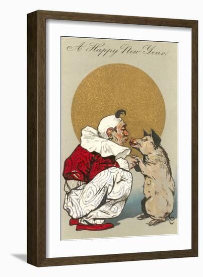 Happy New Year, Clown Kissing Pig-null-Framed Art Print