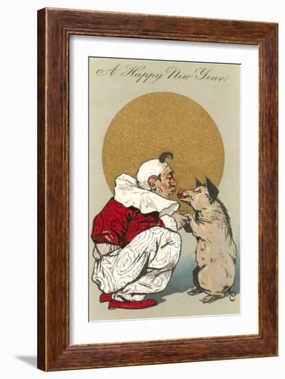 Happy New Year, Clown Kissing Pig-null-Framed Art Print