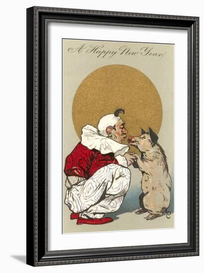 Happy New Year, Clown Kissing Pig-null-Framed Art Print