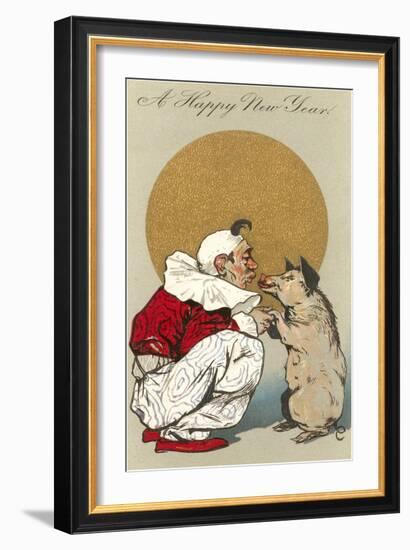 Happy New Year, Clown Kissing Pig-null-Framed Art Print