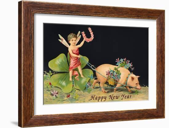 Happy New Year, Dragonfly-Boy with Pig-null-Framed Art Print