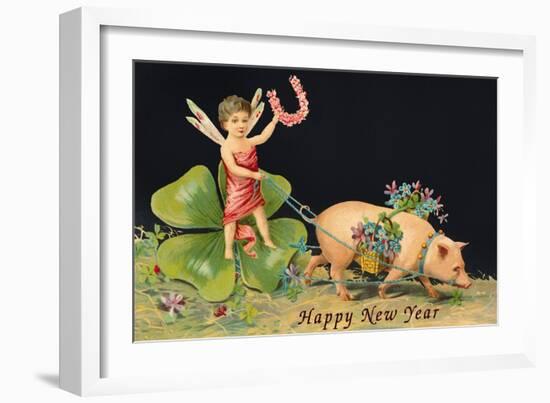 Happy New Year, Dragonfly-Boy with Pig-null-Framed Art Print