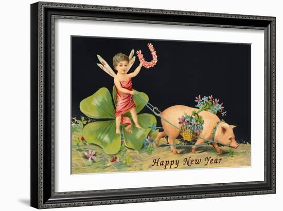 Happy New Year, Dragonfly-Boy with Pig-null-Framed Art Print