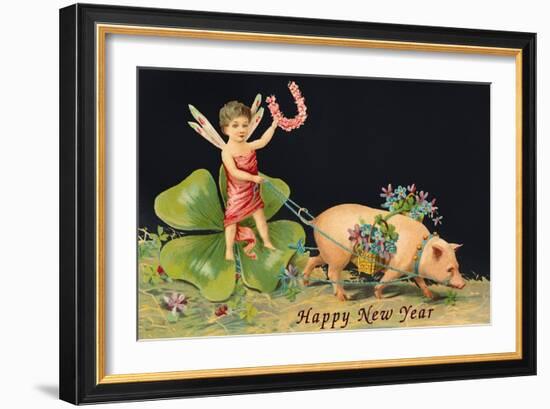 Happy New Year, Dragonfly-Boy with Pig-null-Framed Art Print