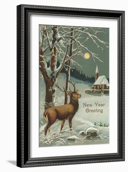 Happy New Year, Elk in Moonlight-null-Framed Art Print