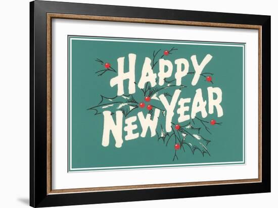 Happy New Year, Holly on Blue-Gray Background-null-Framed Art Print