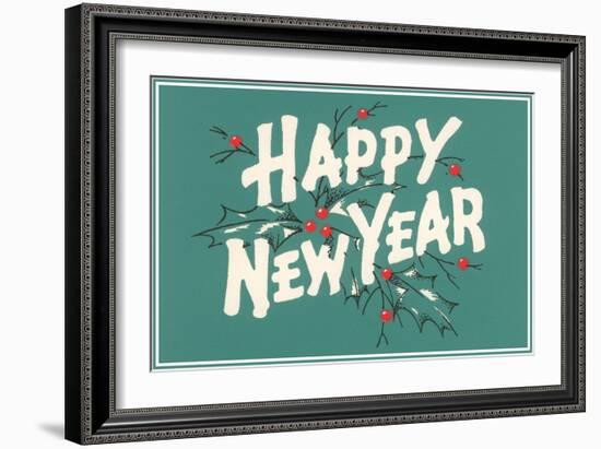 Happy New Year, Holly on Blue-Gray Background-null-Framed Art Print