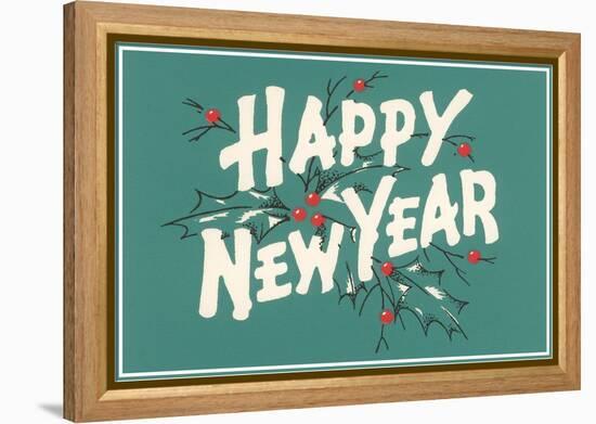 Happy New Year, Holly on Blue-Gray Background-null-Framed Stretched Canvas