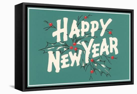 Happy New Year, Holly on Blue-Gray Background-null-Framed Stretched Canvas