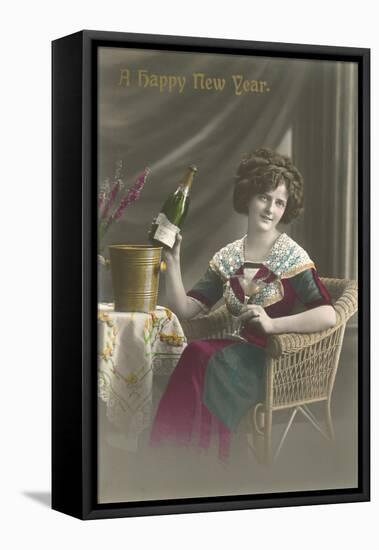 Happy New Year, Lady in Party Hat with Champagne-null-Framed Stretched Canvas