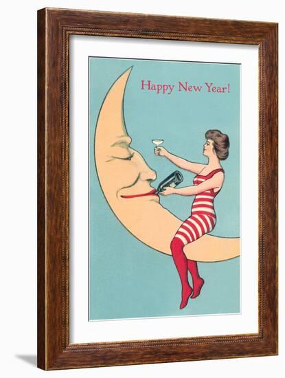 Happy New Year, Woman and Smiling Moon-null-Framed Art Print