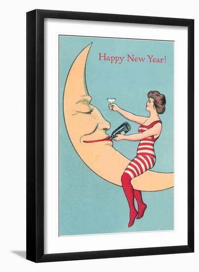Happy New Year, Woman and Smiling Moon-null-Framed Art Print